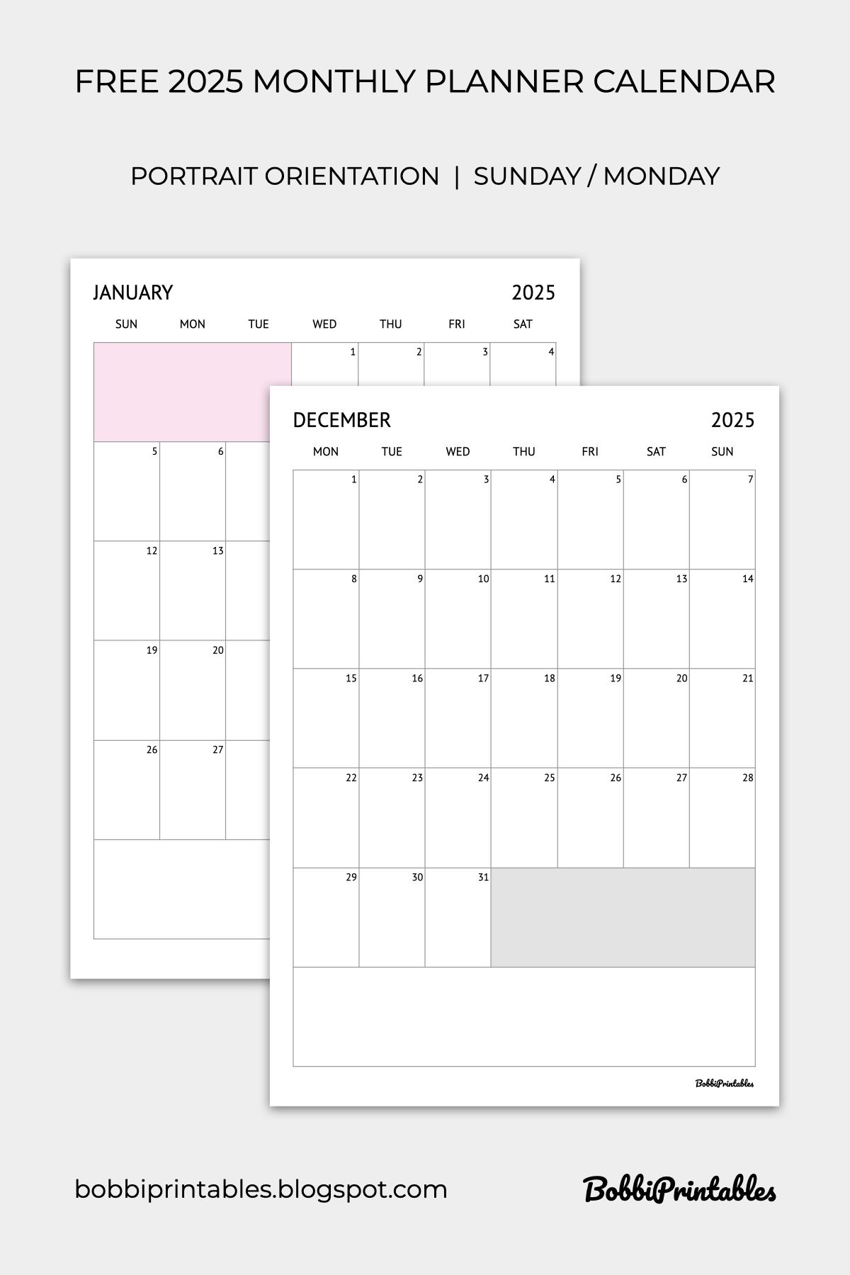 Blank Monthly Calendar 2025 Portrait Free