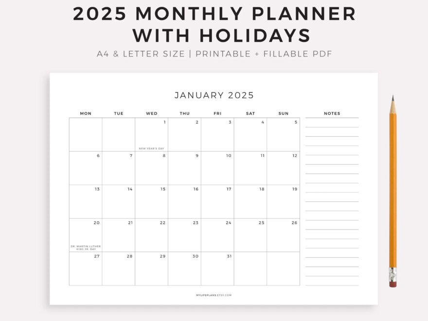 2025 Monthly Planner With Holidays Monthly Organizer Month At A Glance 2025 Calendar A4 letter Landscape Printable Fillable PDF Etsy