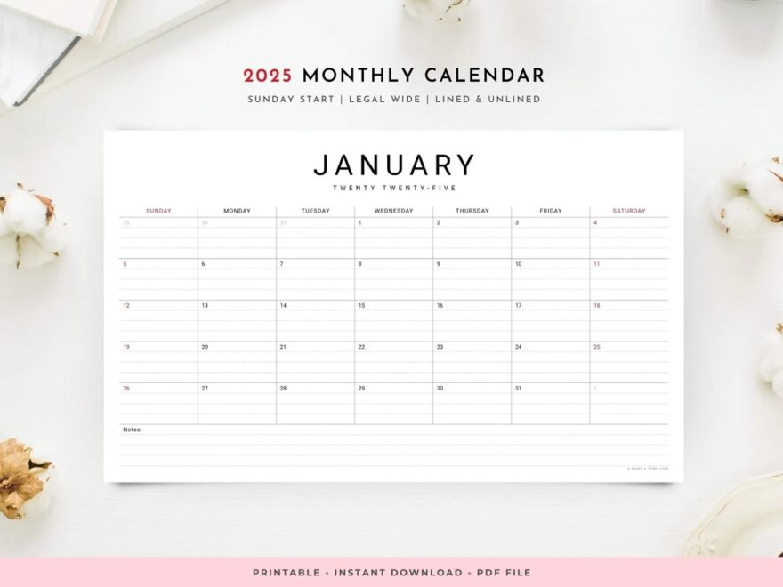 2025 Monthly Yearly Printable Wall Calendar Horizontal Legal Size 8 5 X 14 Sunday Start Lined And Unlined Simple Minimalist Design Etsy