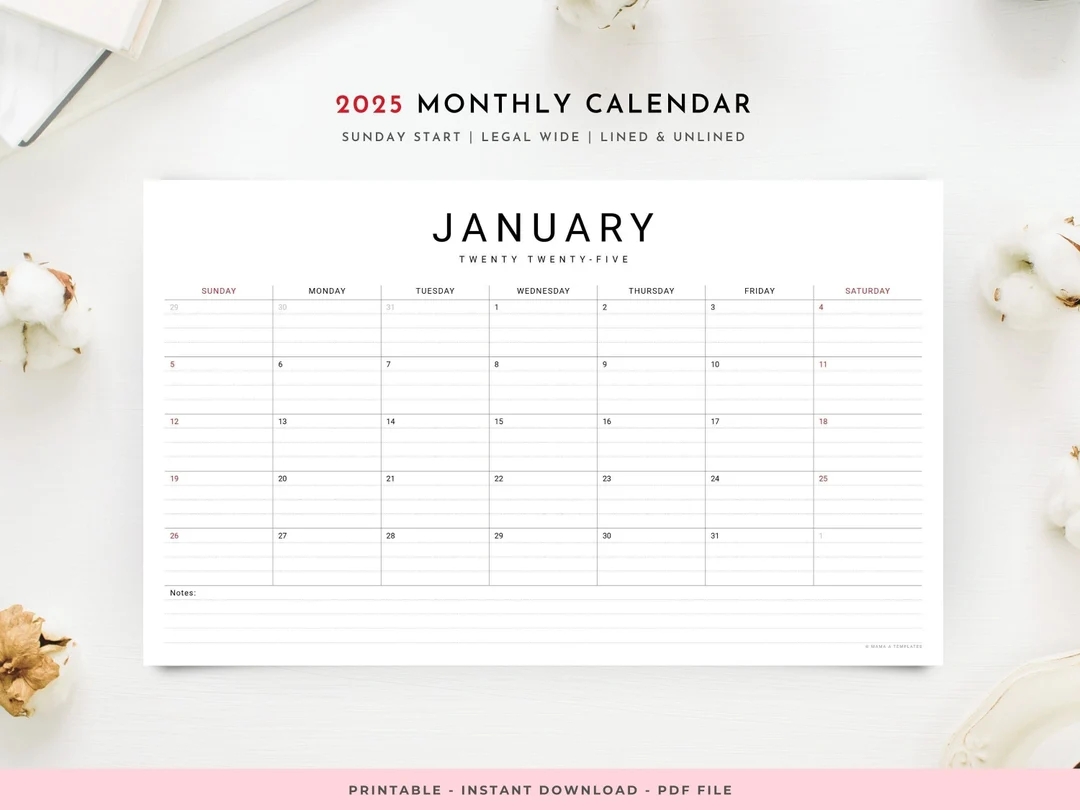 2025 Monthly Yearly Printable Wall Calendar Horizontal Legal Size 8 5 X 14 Sunday Start Lined And Unlined Simple Minimalist Design Etsy