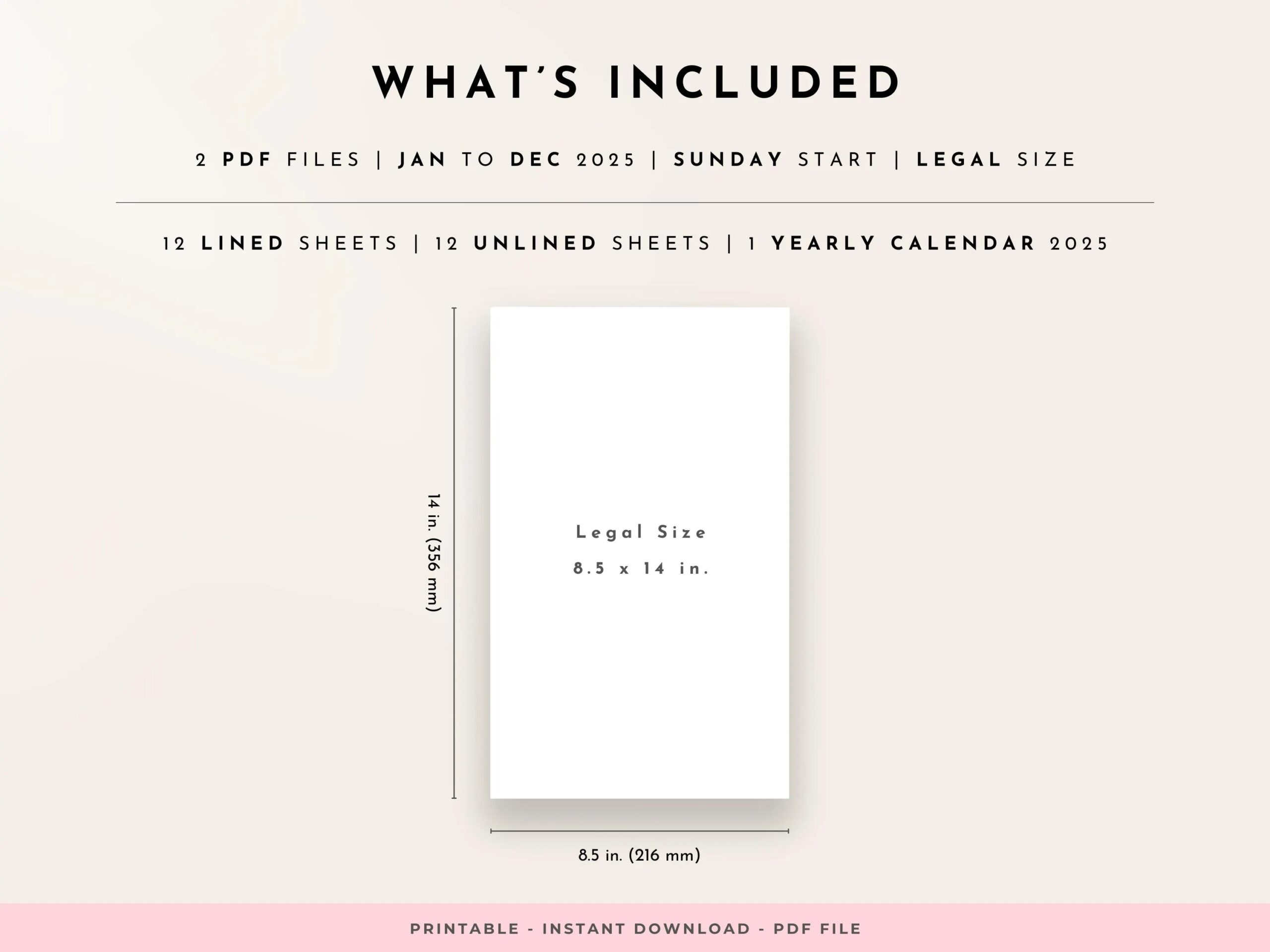 2025 Monthly Yearly Printable Wall Calendar Vertical Legal Size 8 5 X 14 Sunday Start Lined And Unlined Simple Minimalist Design Etsy