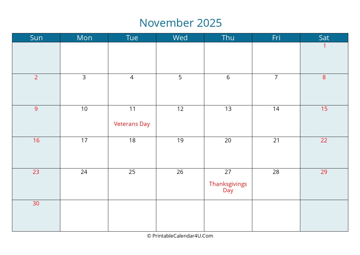 2025 November Calendars PrintableCalendar4U Com