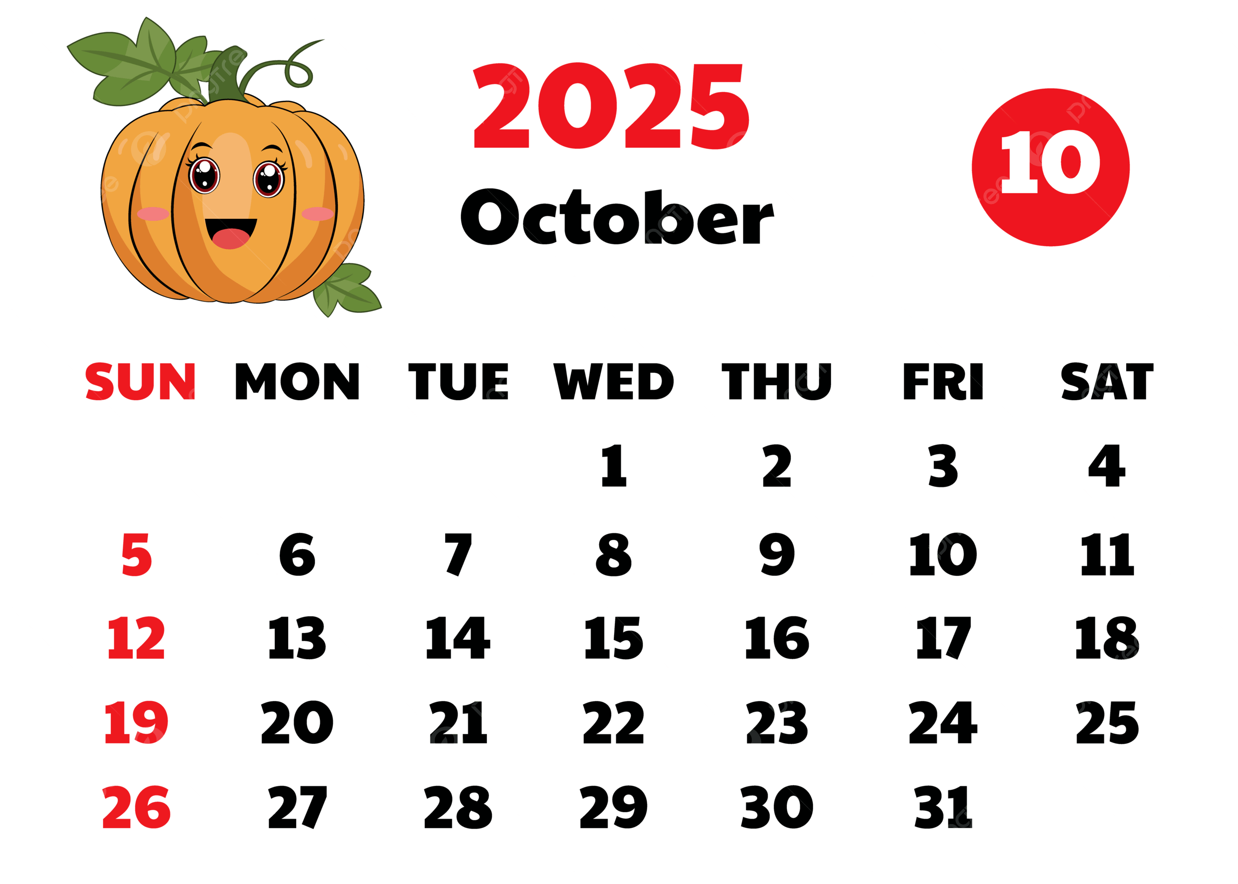 Blank Calendar October 2025 Pumpkin