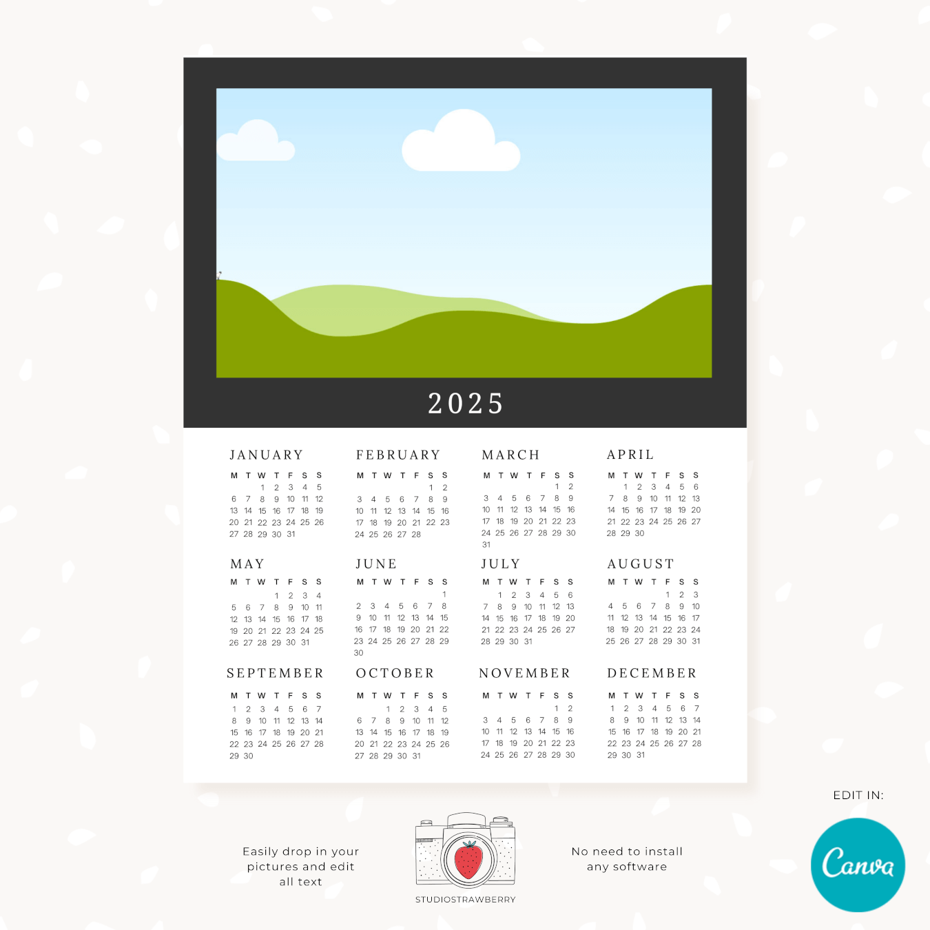 2025 Photo Calendar Template For Canva Photoshop Strawberry Kit