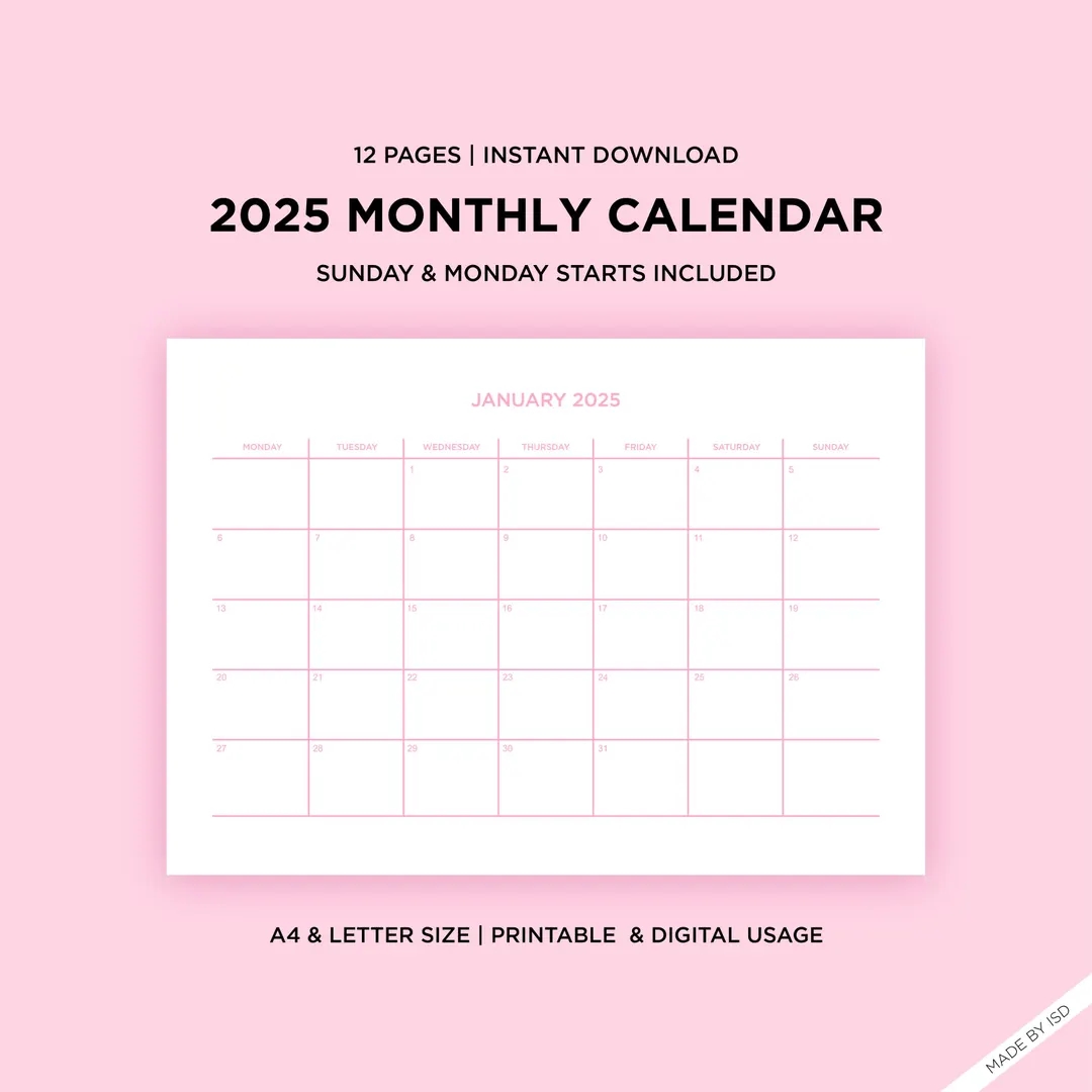 2025 Pink Monthly Calendar Template Printable Instant Digital Download Sunday Monday Start A4 letter Size Minimalist Planner Etsy
