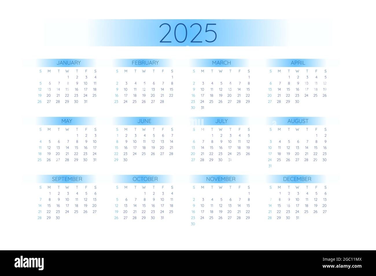 2025 Pocket Calendar Template In Strict Minimalistic Style With Blue Gradient Elements Horizontal Format Week Starts On Sunday Stock Vector Image Art Alamy