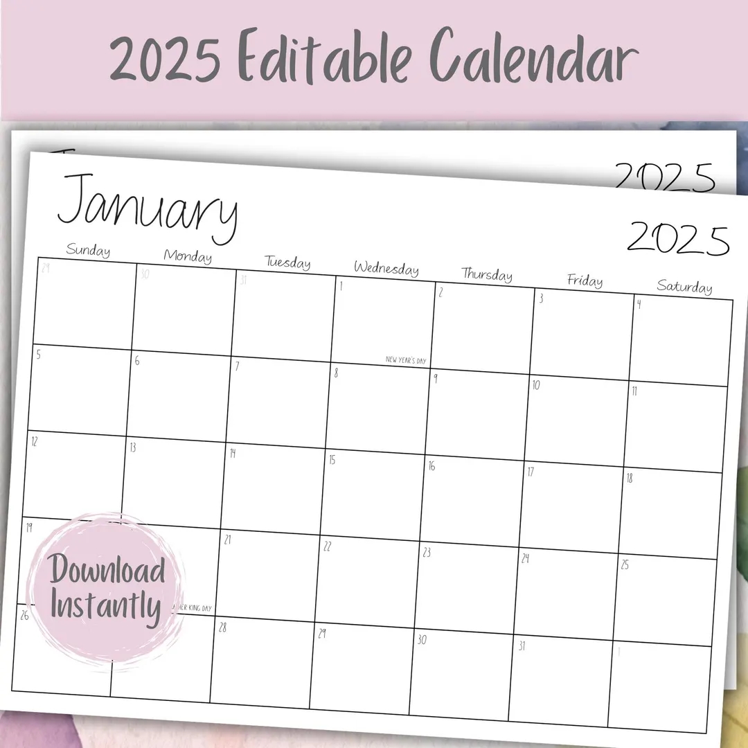 2025 Printable Calendar 2025 Calendar PDF 2025 Editable Calendar Calendar 2025 Editable Calendar Editable Template 12 Months PF Etsy
