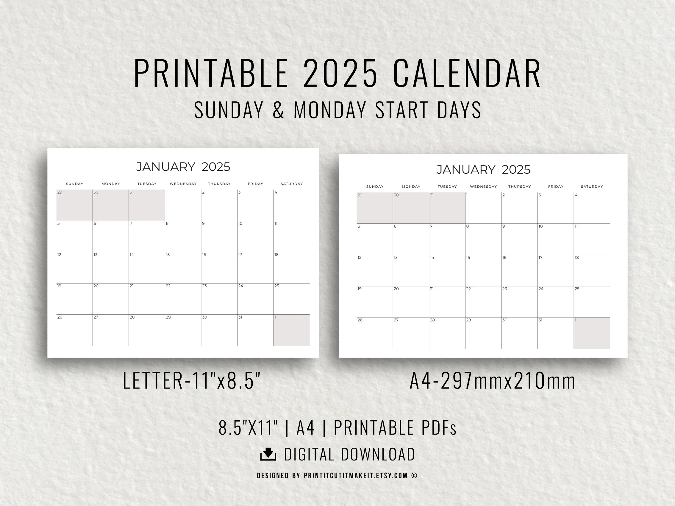2025 Printable Calendar Blank Calendar Template 8 5x11 A4 Sunday Start Monday Start Landscape Orientation PDF Digital Download Etsy