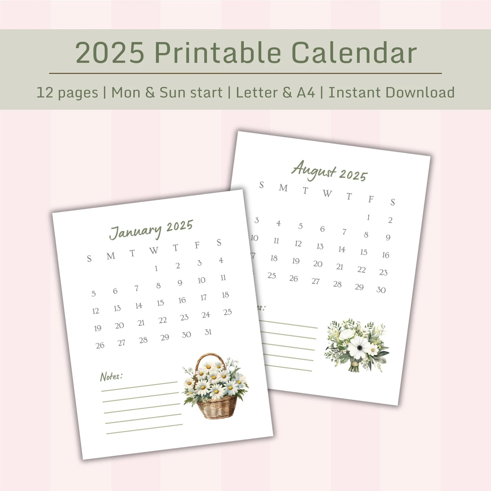 2025 Printable Calendar Daisy Theme Monthly Printable Calendar Instant Download Monday And Sunday Start US Letter A4 PRINTABLE PDF Etsy