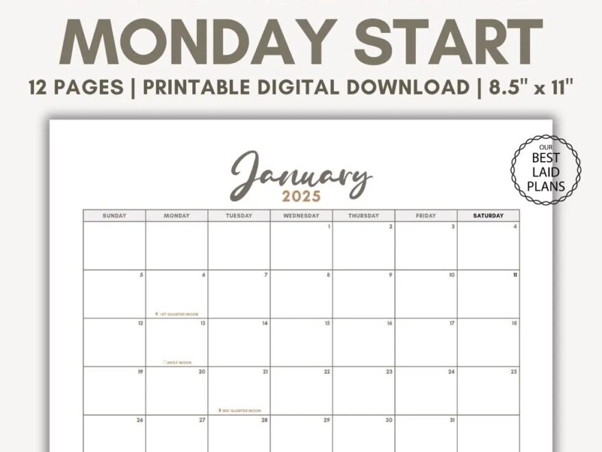 2025 Printable Calendar PDF Monday Start Calendar For 2025 Digital Download Simple Calendar For 2025 Monday Start Etsy