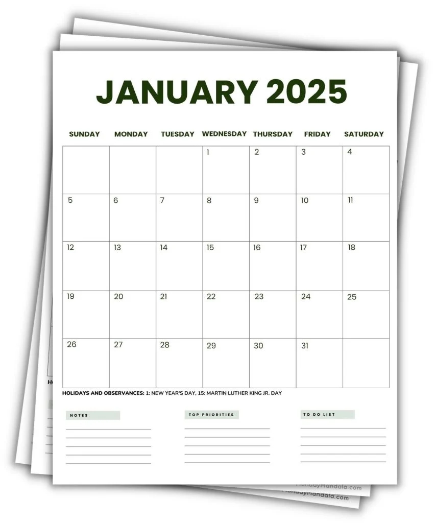 Blank Vertical Calendar 2025