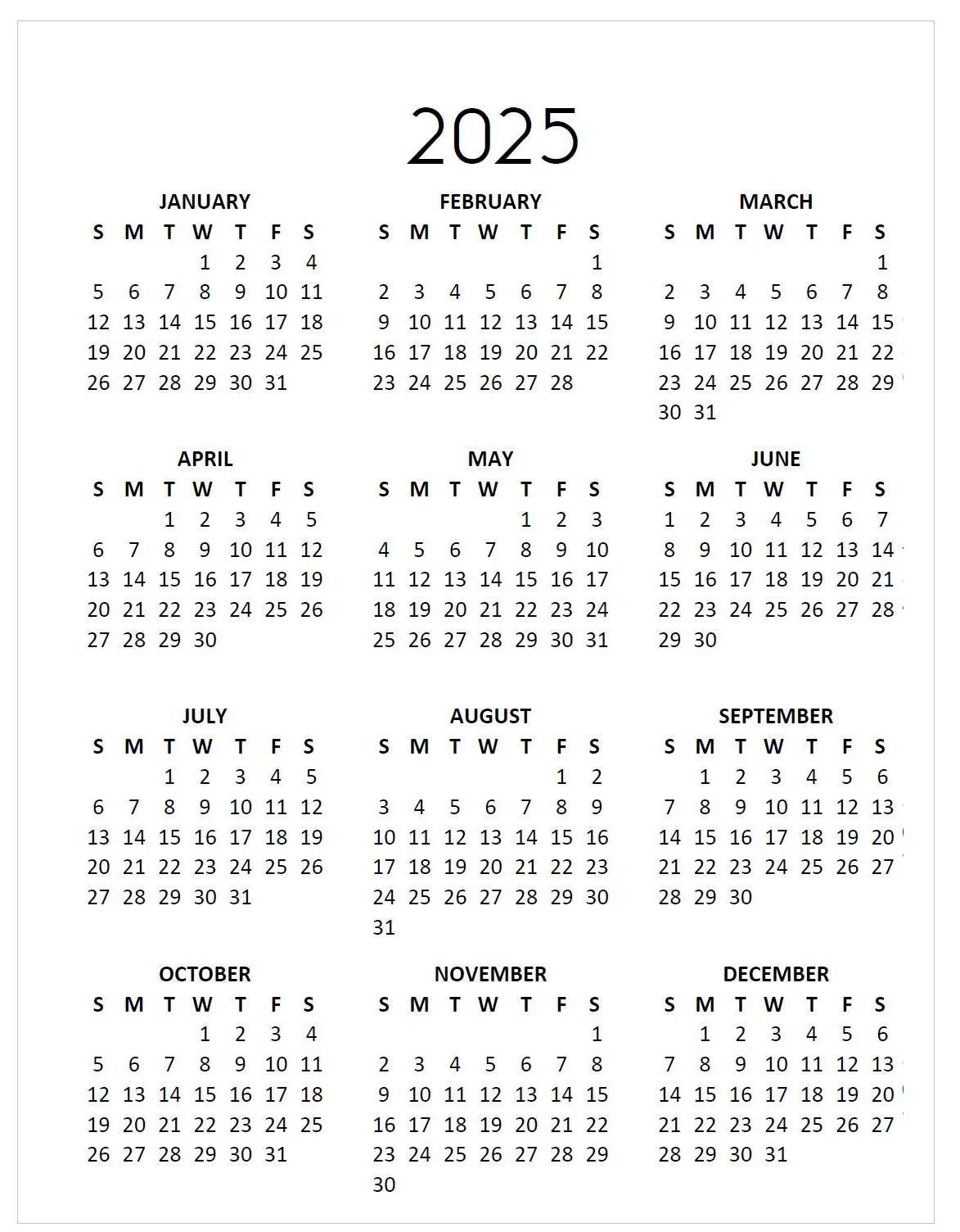 2025 Printable Minimalist Calendar Year At A Glance Available In 4 Sizes A5 Planner Classic Letter Legal Instant Download Etsy