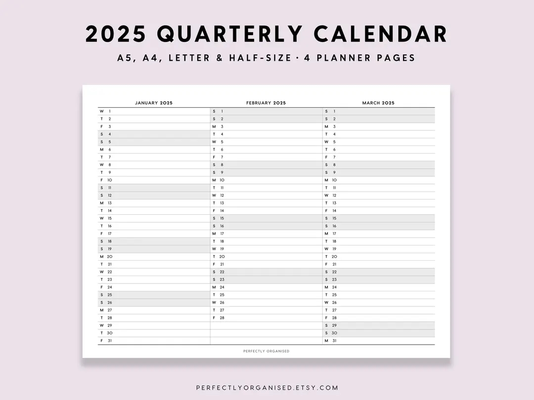 2025 Quarterly Calendar 2025 Foldout Calendar 2025 Folding Calendar 2025 3 Month Calendar Classic A5 Half size A4 Letter PRINTABLE Etsy
