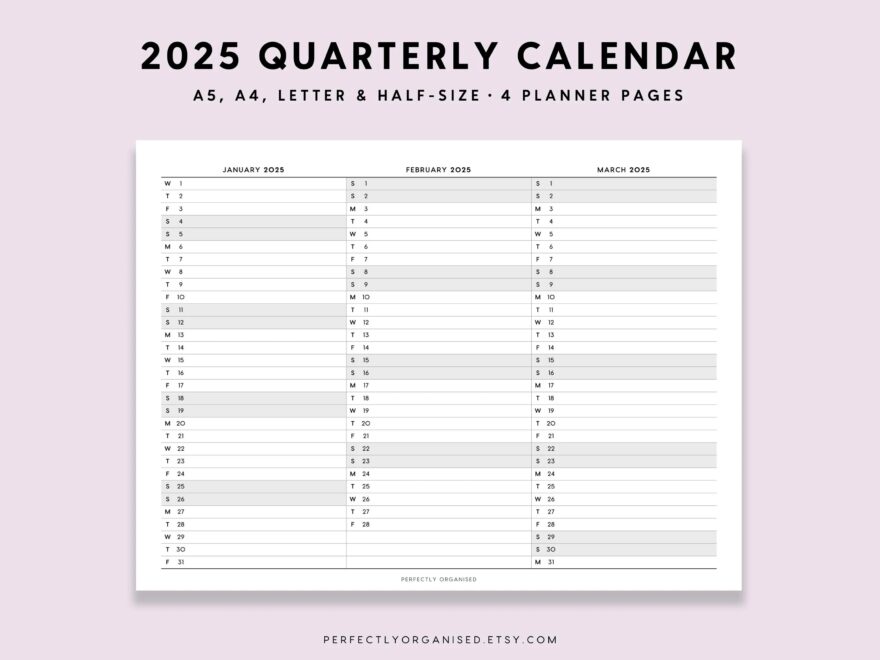 2025 Quarterly Calendar 2025 Foldout Calendar 2025 Folding Calendar 2025 3 Month Calendar Classic A5 Half size A4 Letter PRINTABLE Etsy