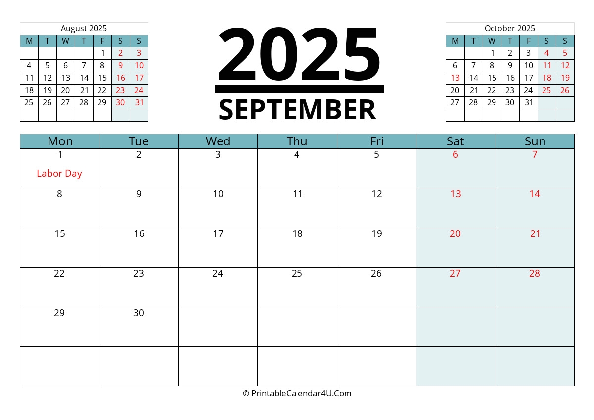 Blank Calendar September 2025 Large Numbers
