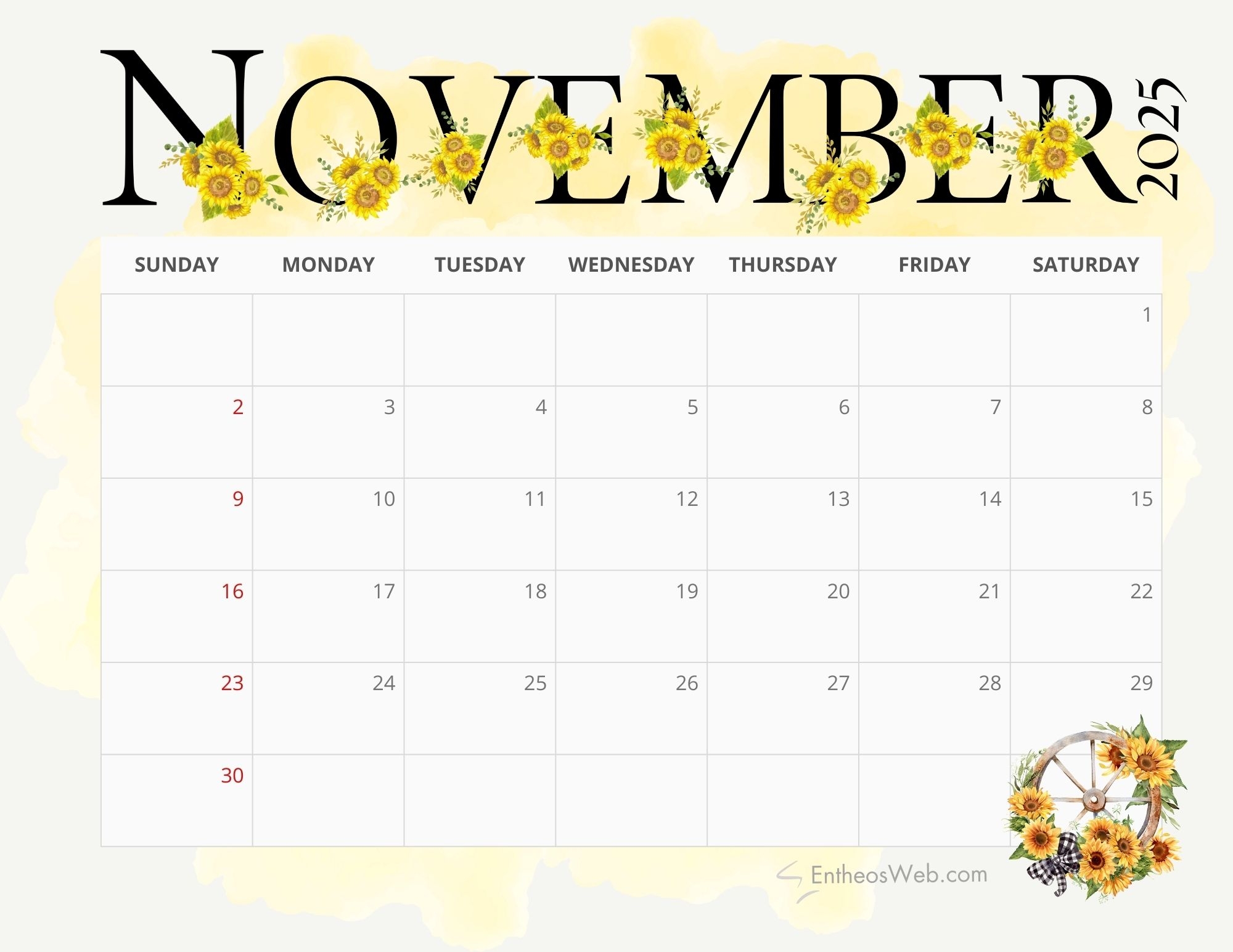 2025 Sunflowers Calendar Printable EntheosWeb