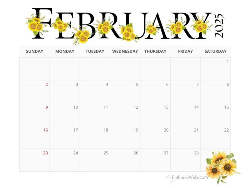 2025 Sunflowers Calendar Printable EntheosWeb