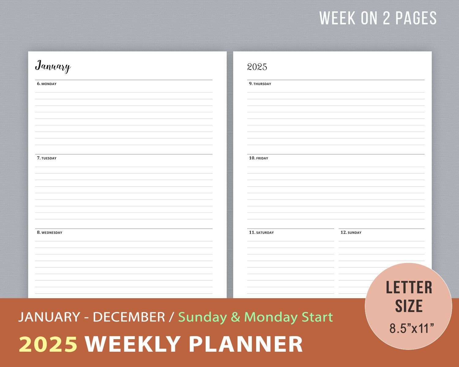 2025 Weekly Planner Printable Sunday Monday Start WO2P Goals Agenda Week On 2 Pages Daily Planner Inserts Instant Download Letter Size Etsy
