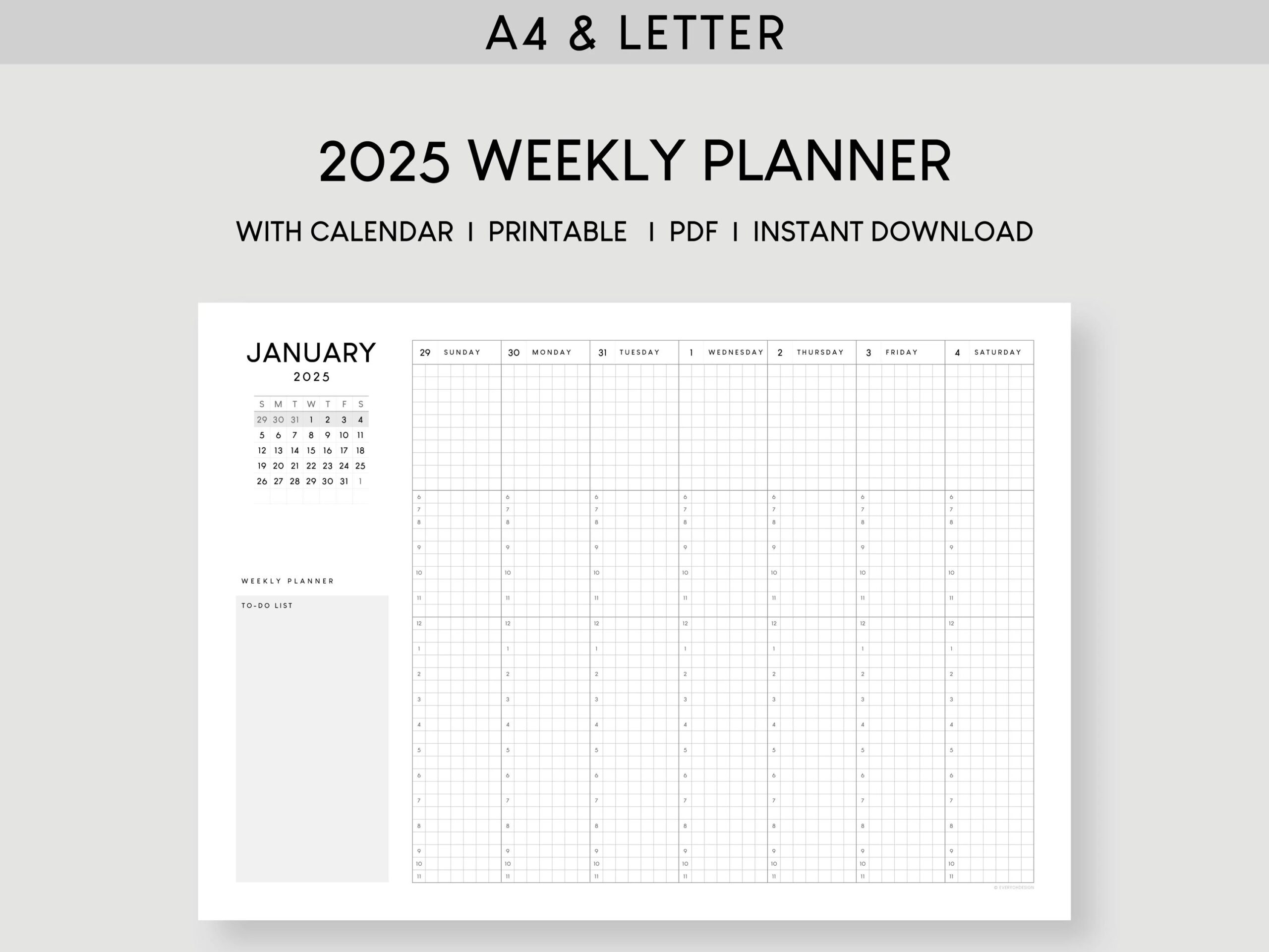 2025 Weekly Planner With Calendar A4 Letter Dated Hourly Printable Template 52 Week Schedule Desk Planner Week At A Glance Etsy