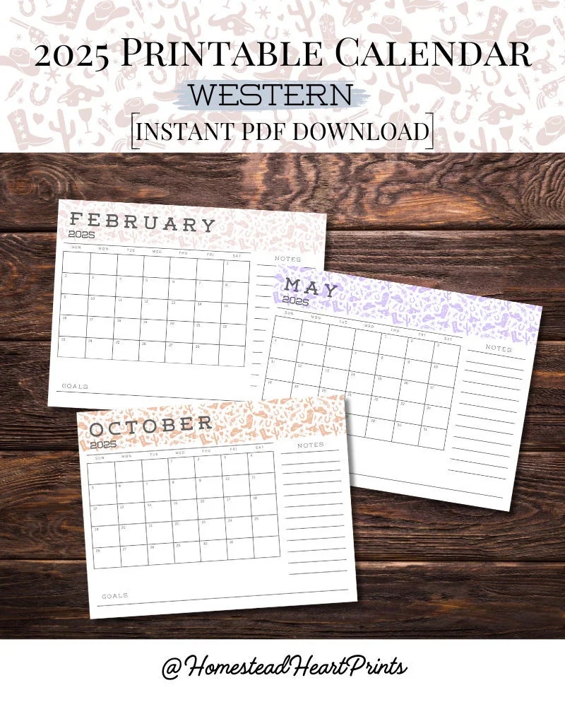 2025 Western Calendar Download Desk And Wall Calendar Printable Western Decor Western Desk Decor Monthly Calendar Work Or Personal Use Etsy