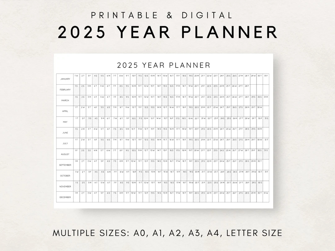 2025 Year Planner Printable Yearly Planning Calendar Calendar Poster 2025 Digital Calendar 2025 Calendar 2025 Planner Year At A Glance Etsy
