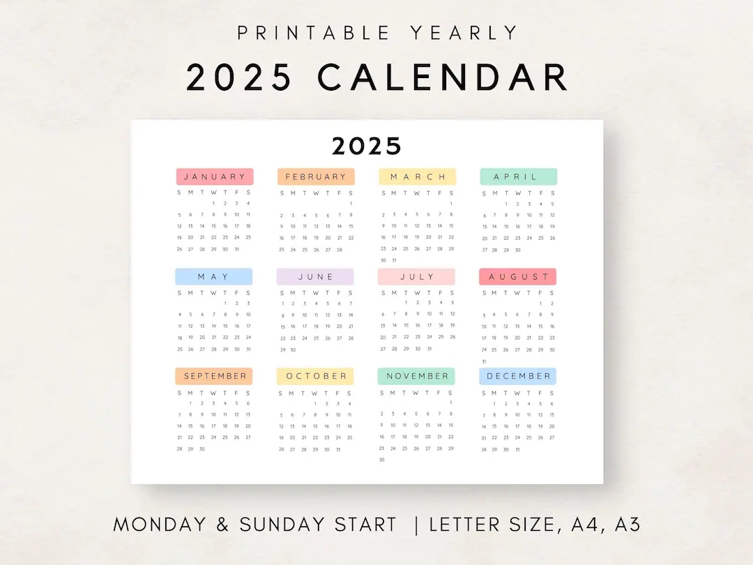 2025 Yearly Calendar Printable Calendar 2025 Calendar 2025 Digital Calendar Year At A Glance 2025 Annual Calendar Yearly Wall Calendar Etsy