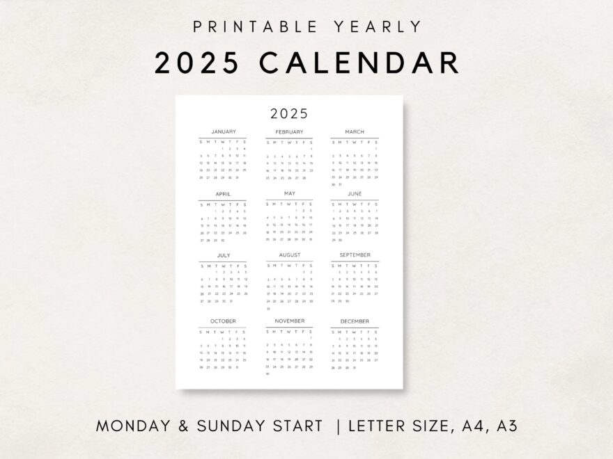 2025 Yearly Calendar Printable Calendar 2025 Calendar 2025 Digital Calendar Yearly Wall Calendar Year At A Glance 2025 Annual Calendar Etsy