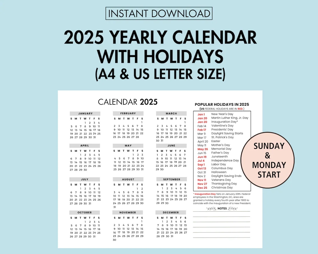 2025 Yearly Calendar With Holiday 2025 Yearly Overview 2025 Year At A Glance Printable 2025 Holiday Calendar Printable Sunday Monday Start Etsy