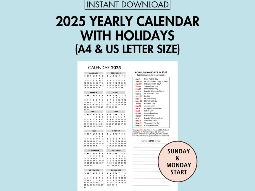2025 Yearly Calendar With Holidays 2025 Yearly Overview Printable 2025 Year At A Glance 2025 Holiday Calendar PDF Sunday Monday Start Etsy