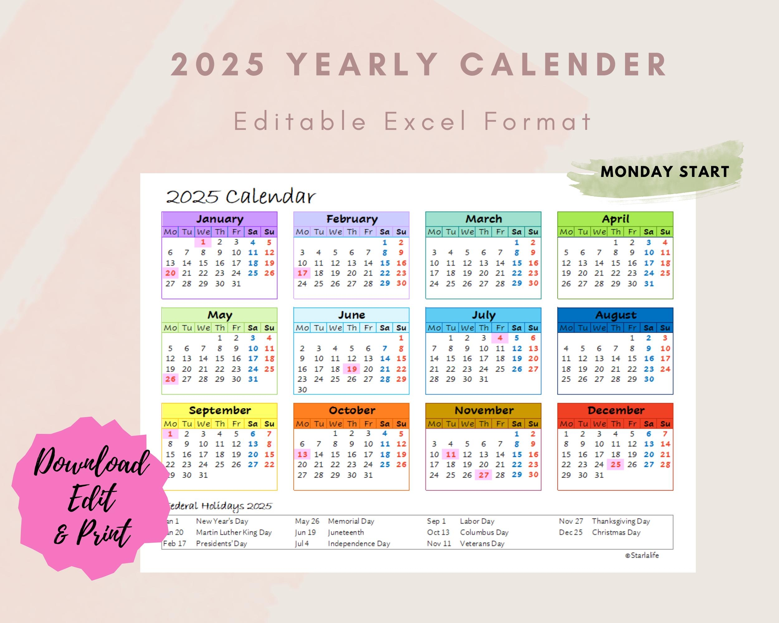 2025 Yearly One Page Excel Calendar Etsy