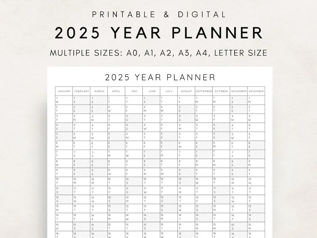 2025 Yearly Planner Printable Yearly Planning Calendar Calendar Poster Digital Calendar 2025 Calendar 2025 Planner Yearly Overview Etsy