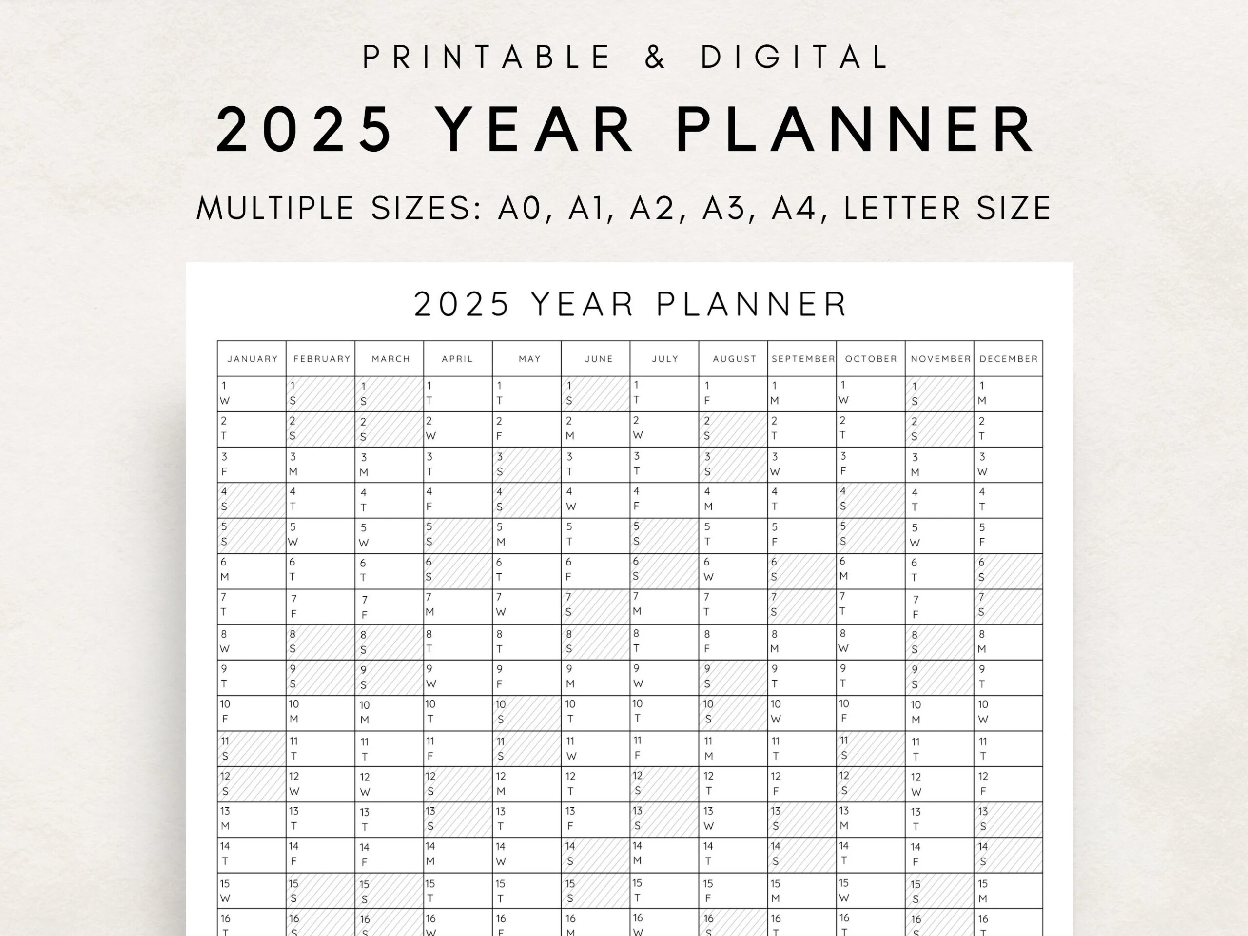 2025 Yearly Planner Printable Yearly Planning Calendar Calendar Poster Digital Calendar 2025 Calendar 2025 Planner Yearly Overview Etsy