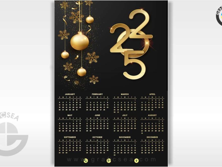 2025 Yearly Printable Christmas Black Gold CDR Calendar File Free Download Graficsea