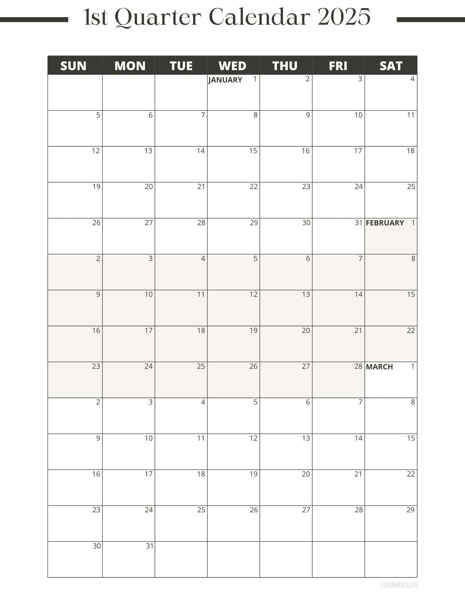 2025 Quarterly Calendar Blank