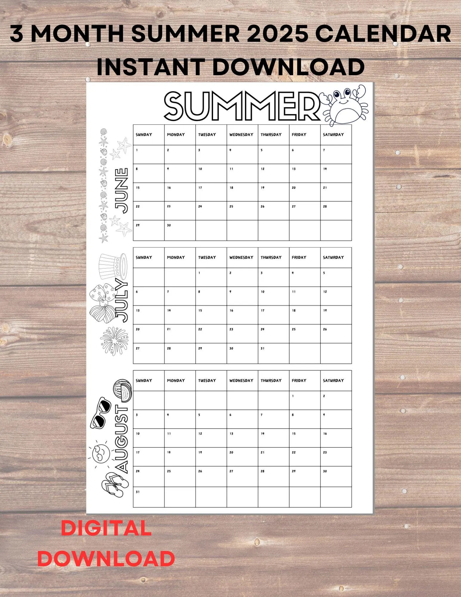 3 Month SUMMER Calendar Printable June July August Large Size Instant Download Coloring Page Etsy