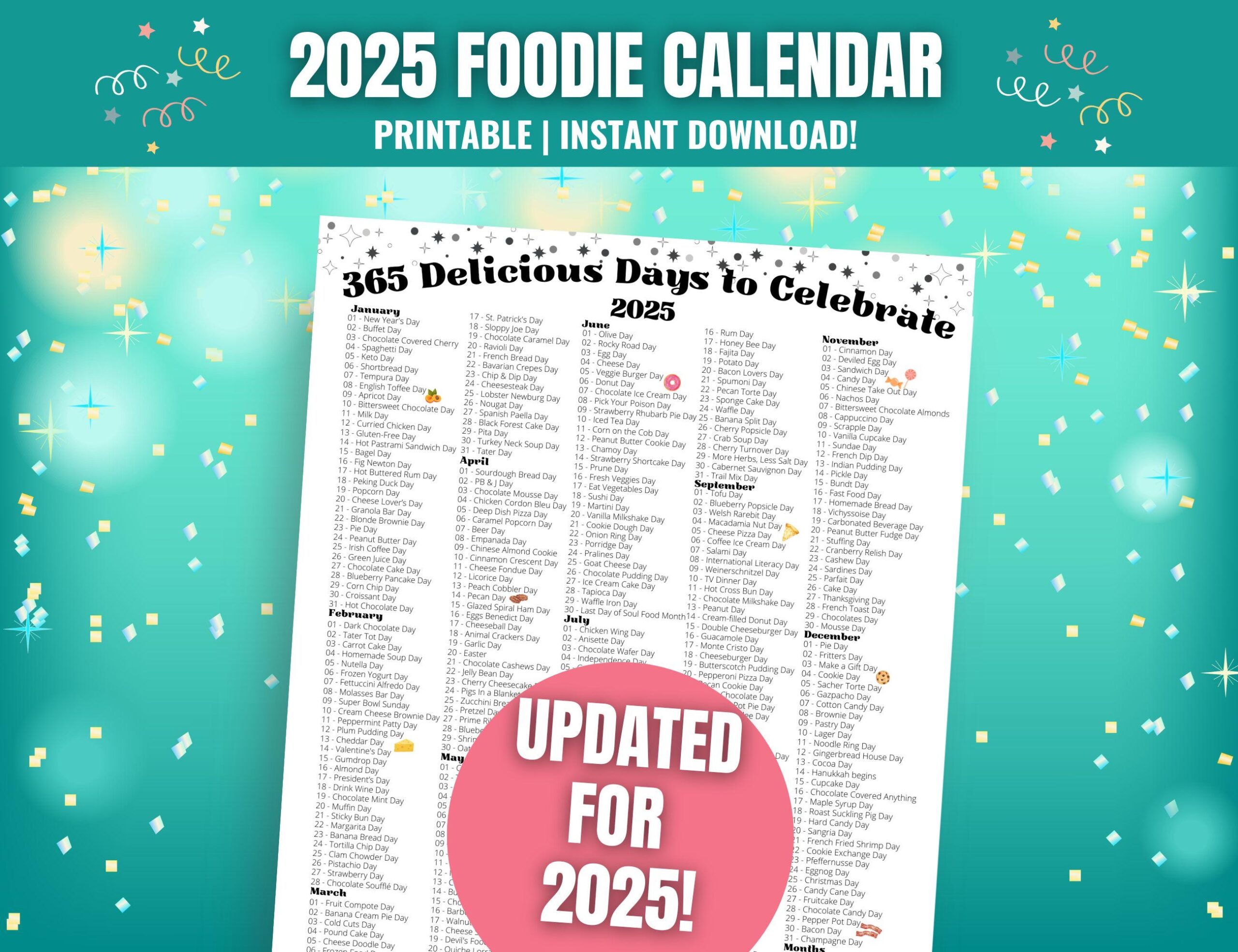 365 Food Days To Celebrate In 2025 National Food Days Printable Calendar Foodie Calendar 2025 Social Media Planner National Holidays Etsy