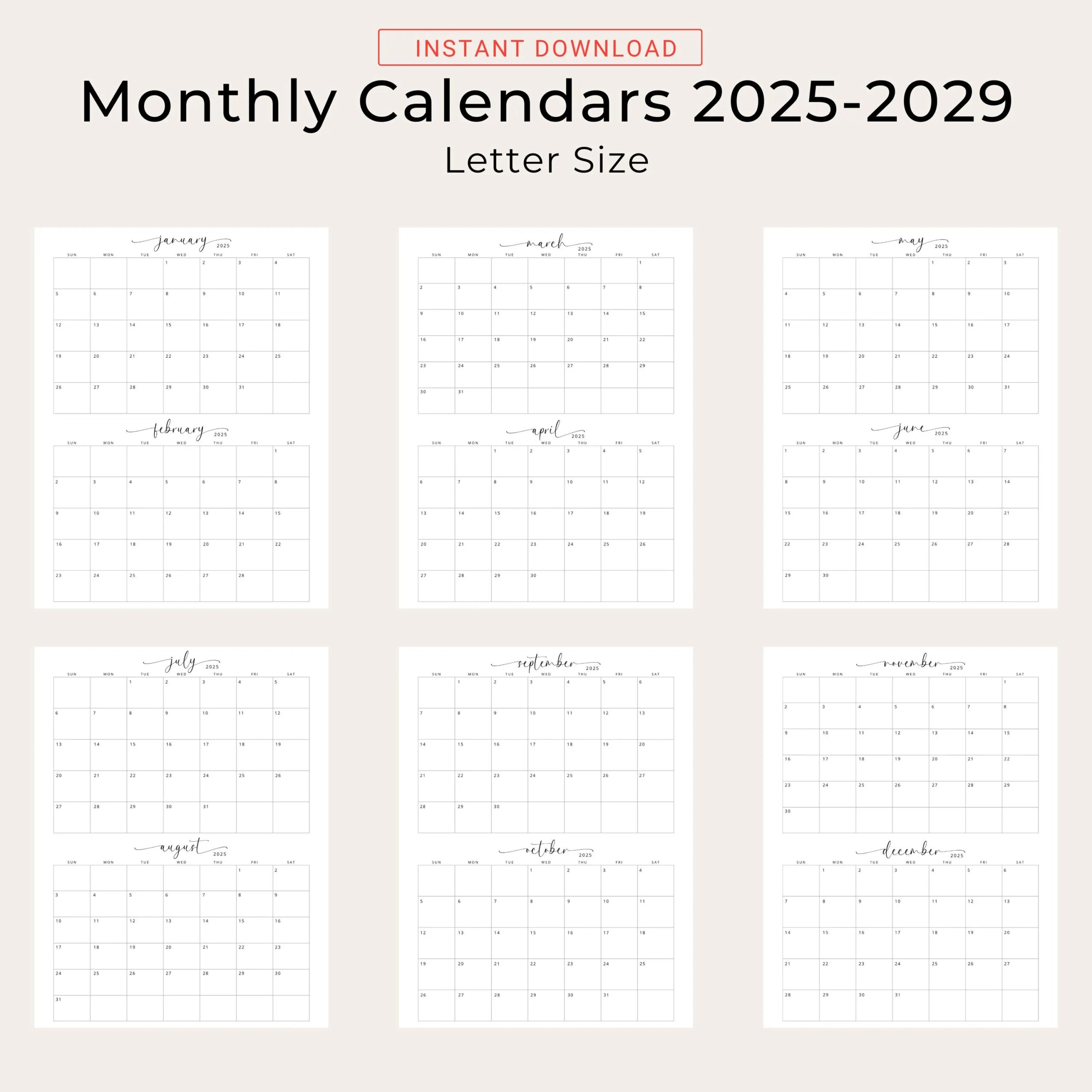 5 Years Calendar 2025 2029 Calendar Five Years Planner 2 Months Per Page Planner Printable PDF Calendar 2025 2026 2027 2028 2029 Elegant Etsy