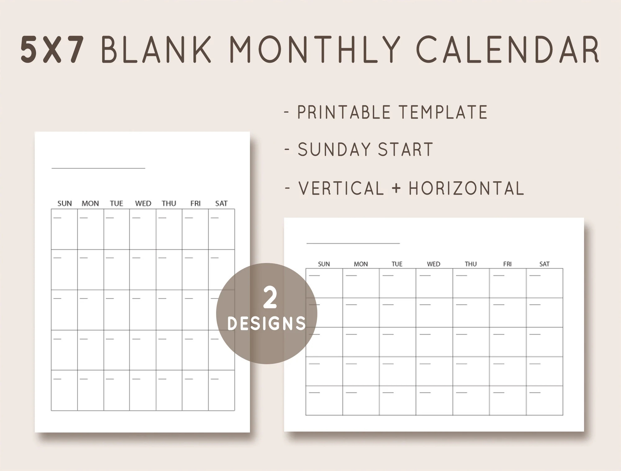 5x7 Calendar Blank Calendar Template Undated Monthly Calendar Printable Calendar 2021 Plain Calendar Instant Download Digital Calendar Etsy