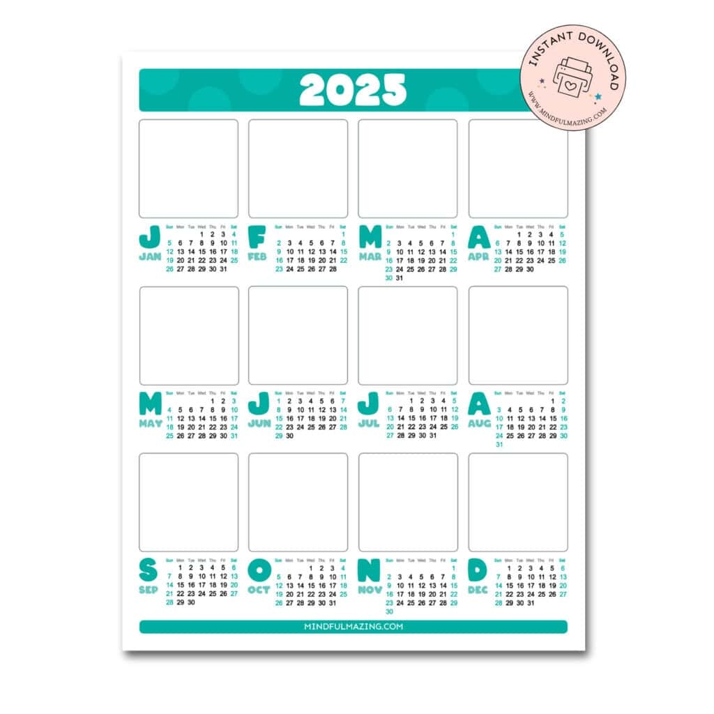8 Free One Page Yearly Calendars For 2025 Color Draw Mindfulmazing