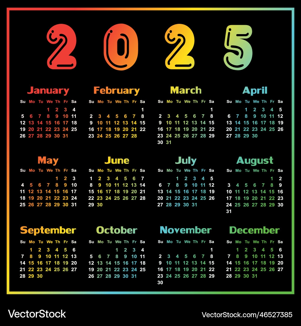 A Calendar Template For Year 2025 Royalty Free Vector Image