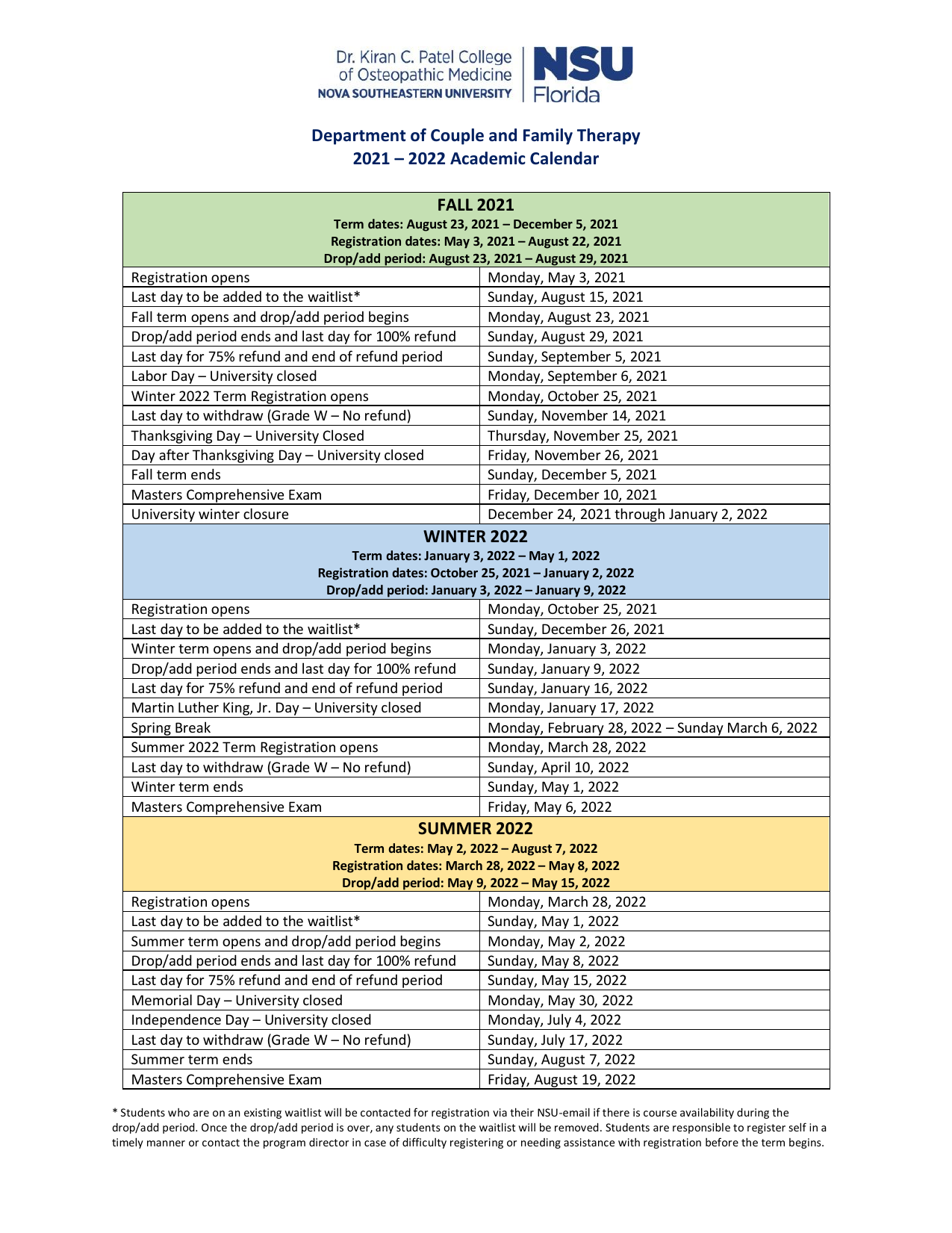 Academic Calendar 2021 2022 Couple And Family Therapy