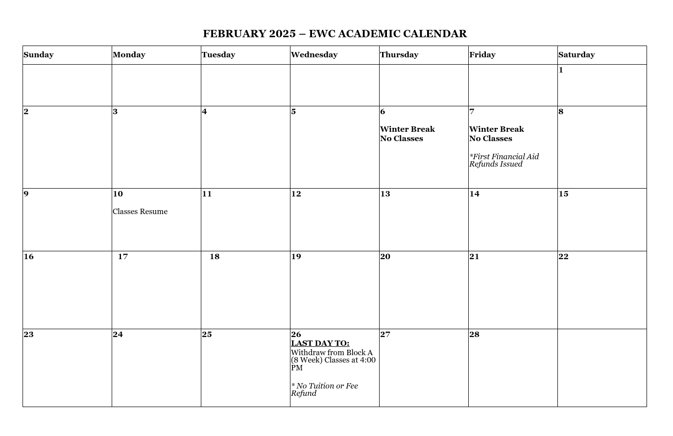 Academic Calendar For Spring 2025 Eastern Wyoming College Eastern Wyoming College