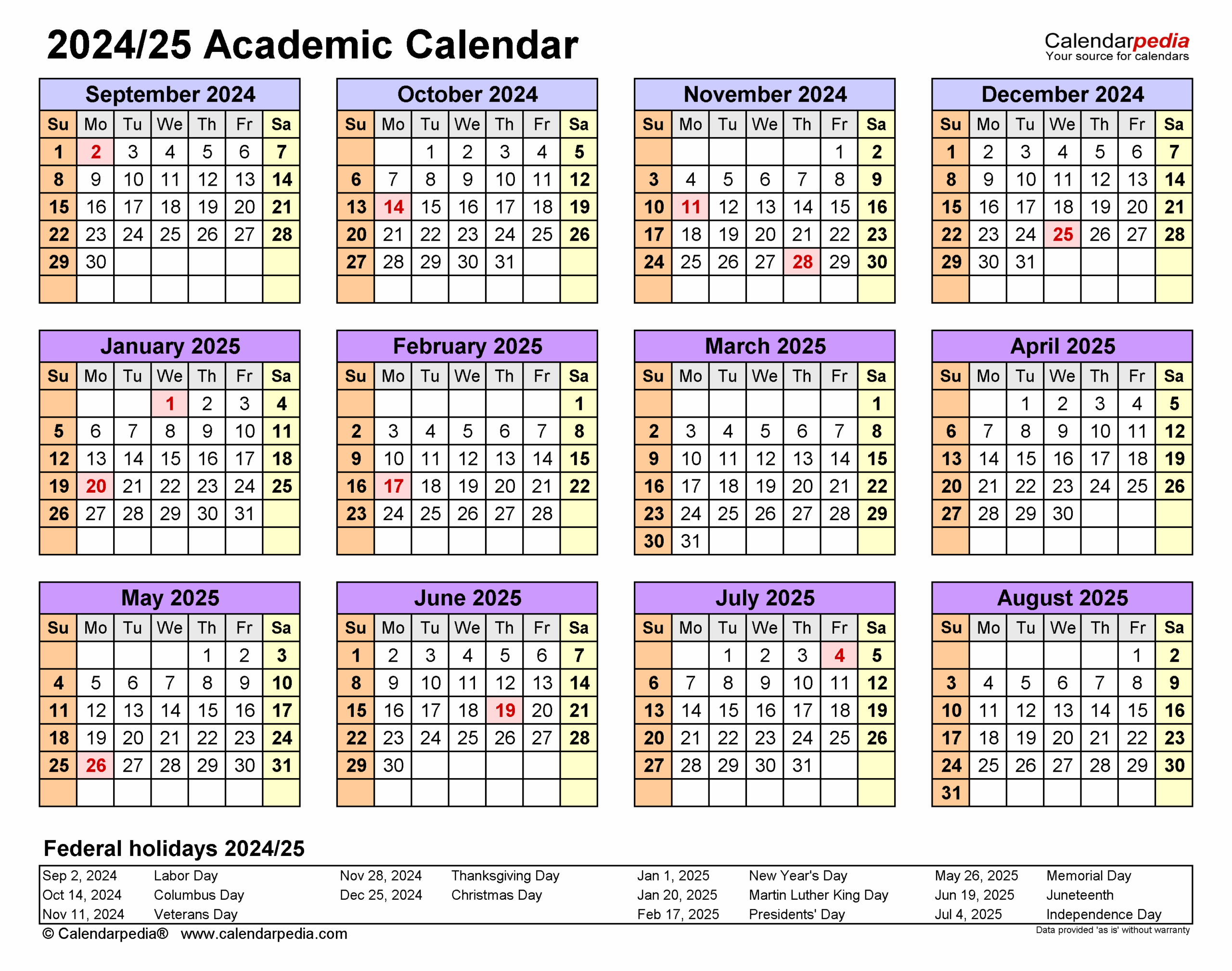 Academic Calendars 2024 2025 Free Printable Word Templates