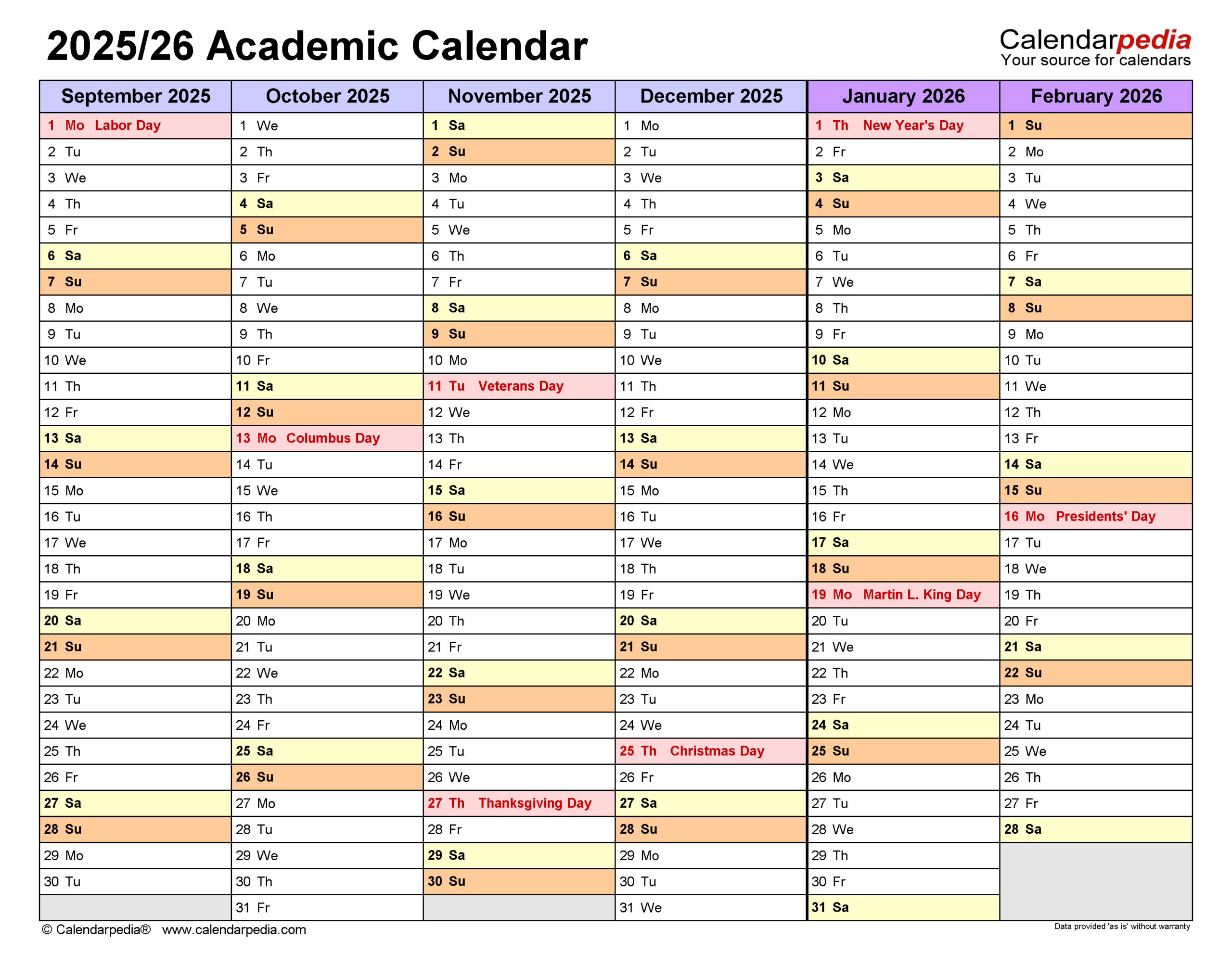 2025 Academic Blank Calendar