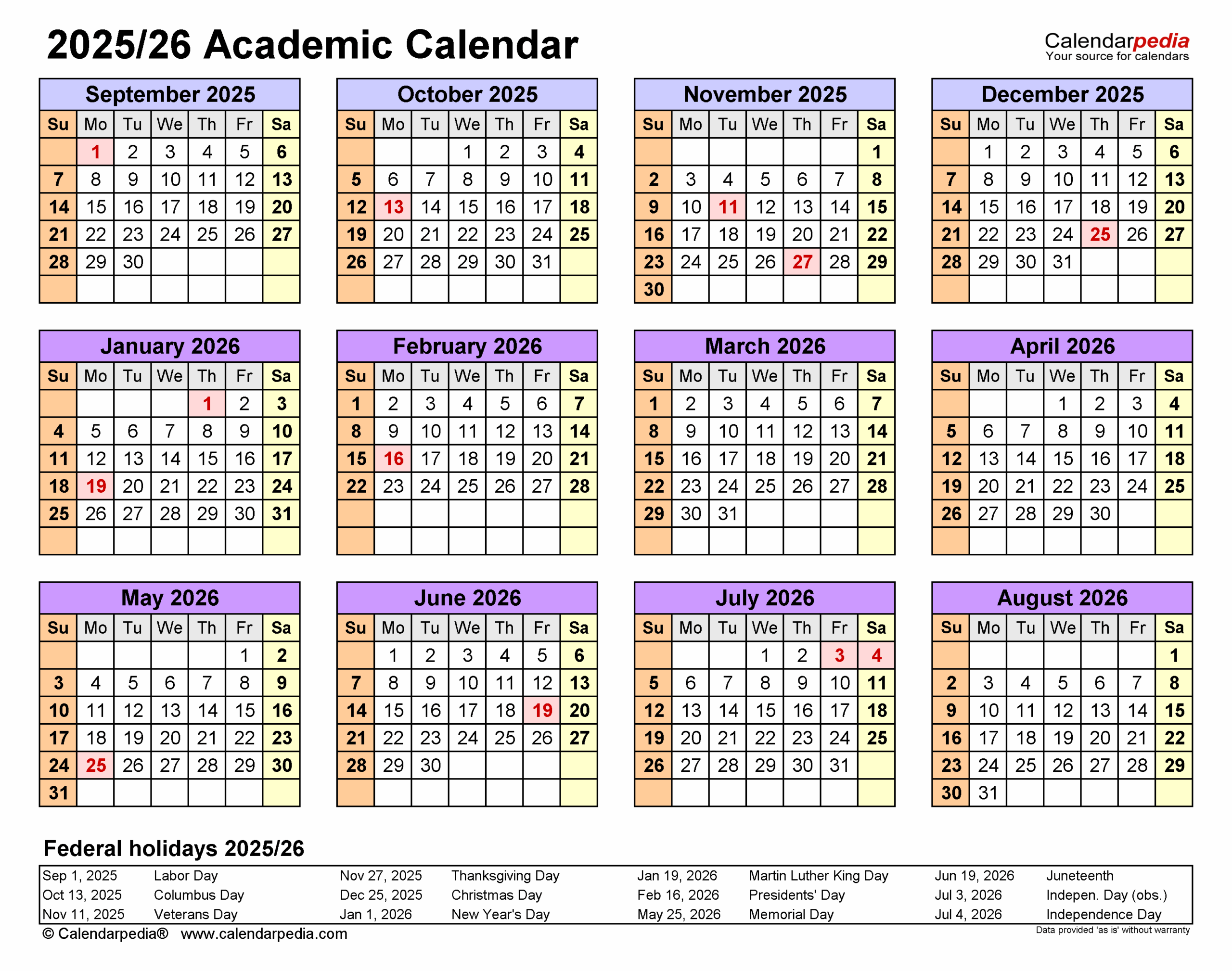 Academic Calendars 2025 2026 Free Printable Word Templates