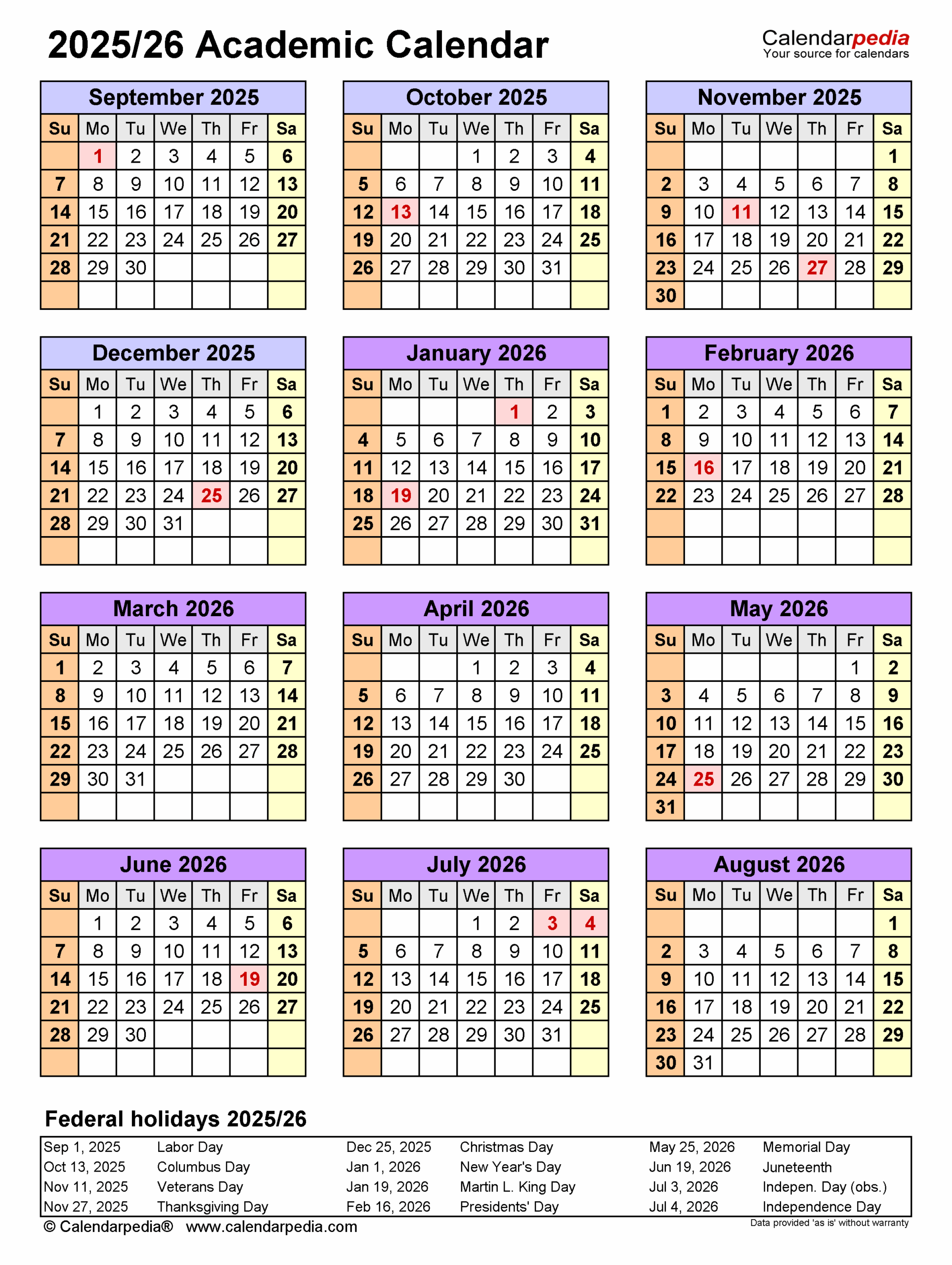 Academic Calendars 2025 2026 Free Printable Word Templates