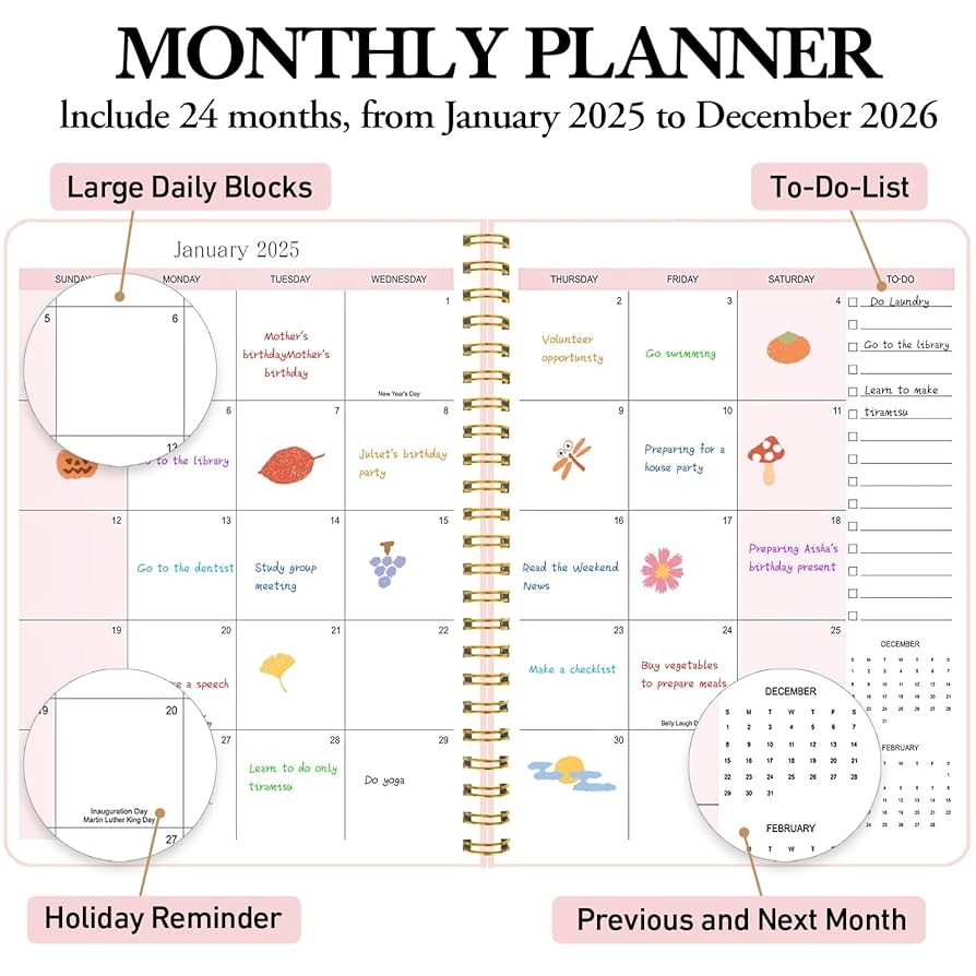 Amazon DOURA Monthly Planner 2025 2026 Calendar Book Calendar Planner 2025 2026 JAN 2025 DEC 2026 7 X 9 5 24 Months For School Office Home Planning Pink Office Products