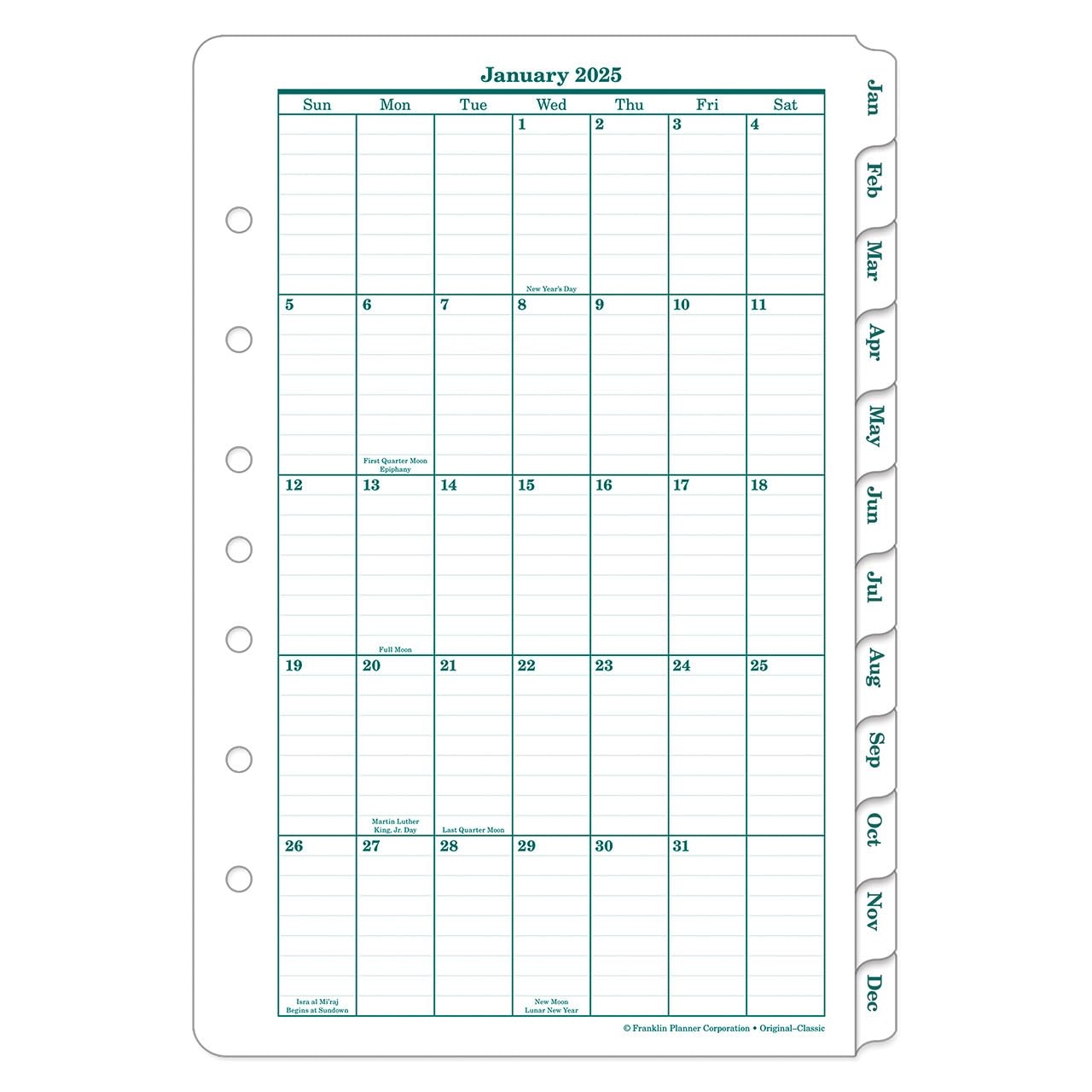 Amazon FranklinCovey Original One Page Monthly Calendar Tabs Classic Jan 2025 Dec 2025 Office Products