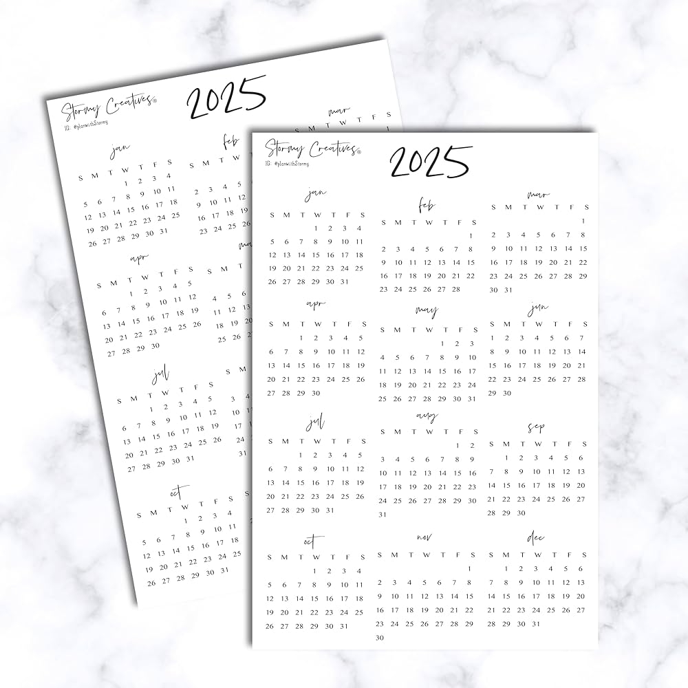 Amazon Mini 2025 Calendar Stickers For Journals Planners Year at a Glance Calendars 2 Sheets Kraft Sunday Start Arts Crafts Sewing