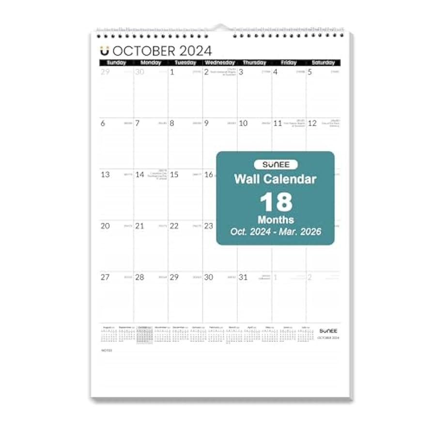 Amazon SUNEE Calendar 2025 18 Months Wall Calendar Oct 2024 Mar 2026 12 x17 Big Hanging Calendar With Note Past Month And Next Month For Organizing Planning Black Office Products